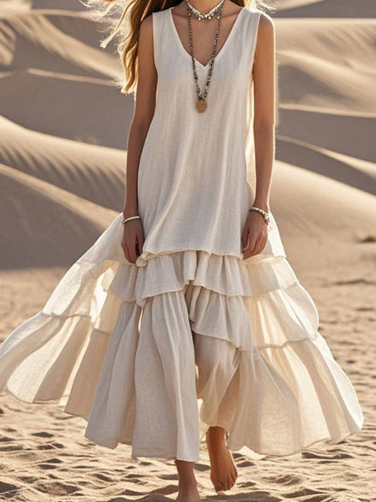 Inrosy robe longue coton lin v-cou à volantée sans manches femme élégant bohème ample oversized décontracté de plage