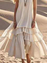 Inrosy robe longue coton lin v-cou à volantée sans manches femme élégant bohème ample oversized décontracté de plage