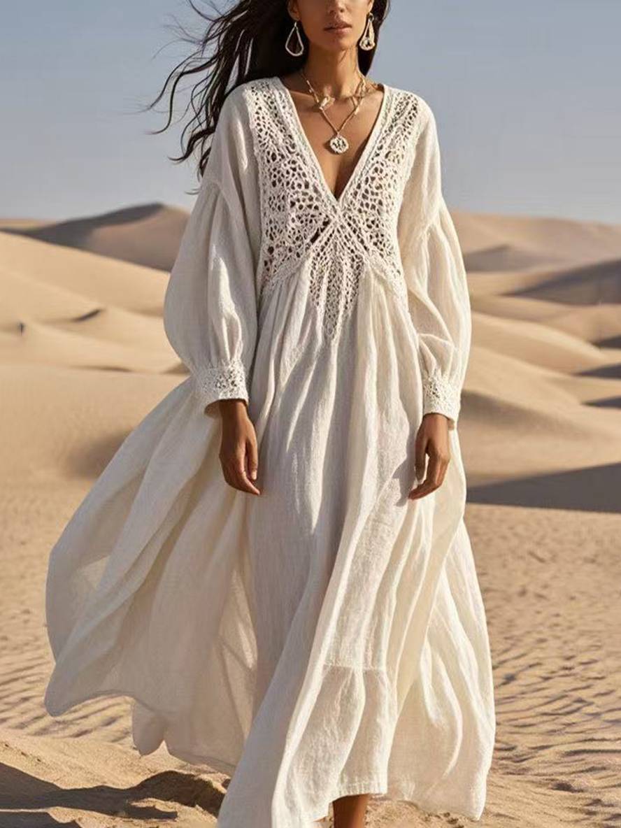 Inrosy robe longue en dentelle coton lin v-cou manches longues femme élégant bohème lâche décontracté vintage de plage