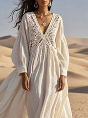 Inrosy robe longue en dentelle coton lin v-cou manches longues femme élégant bohème lâche décontracté vintage de plage