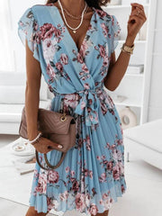 Inrosy mi-longue robe v-cou fleurie plissé ceinture manches courtes femme bohème invité mariage de plage