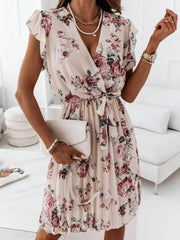 Inrosy mi-longue robe v-cou fleurie plissé ceinture manches courtes femme bohème invité mariage de plage