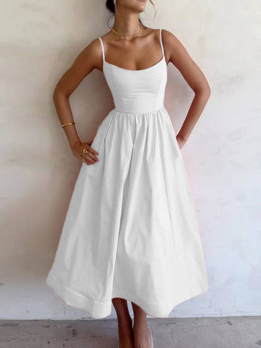 Inrosy mi-longue robe trapèze unicolore fluide bustier dos nu à fines brides sans manches femme élégant mode de fet de cocktail