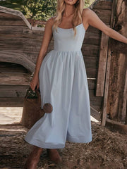 Inrosy mi-longue robe trapèze unicolore fluide bustier dos nu à fines brides sans manches femme élégant mode de fet de cocktail