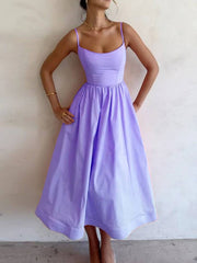 Inrosy mi-longue robe trapèze unicolore fluide bustier dos nu à fines brides sans manches femme élégant mode de fet de cocktail