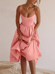 Inrosy mi-longue robe trapèze unicolore fluide bustier dos nu à fines brides sans manches femme élégant mode de fet de cocktail