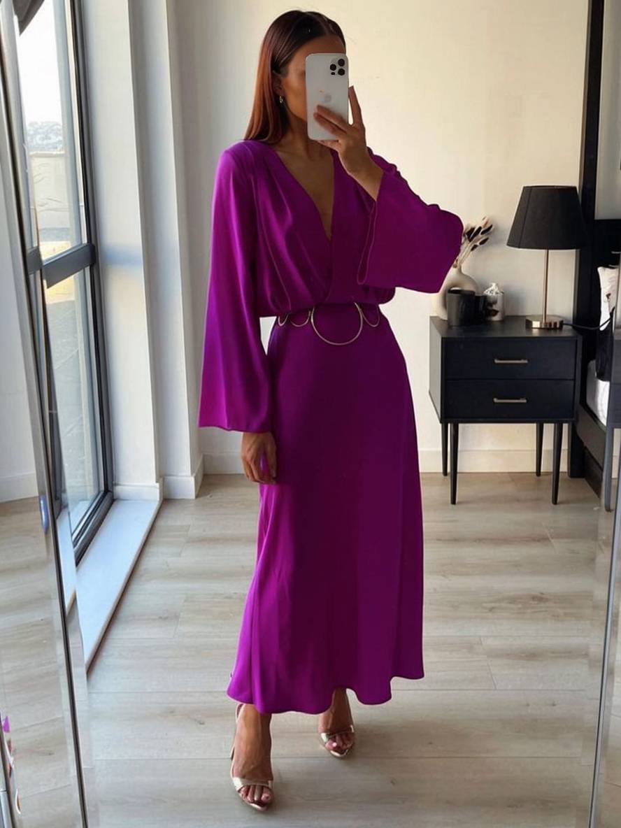 Inrosy longue robe v-cou boutons dos nu manches trompette manches longues femme élégant vintage bal de promo