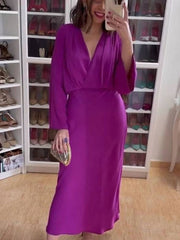Inrosy longue robe v-cou boutons dos nu manches trompette manches longues femme élégant vintage bal de promo
