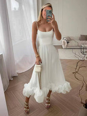 Inrosy mi-longue robe trapèze à volantée bustier à fines brides sans manches femme élégant doux de cocktail bal de promo