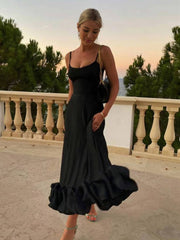 Inrosy mi-longue robe trapèze à volantée bustier à fines brides sans manches femme élégant doux de cocktail bal de promo