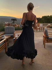 Inrosy mi-longue robe trapèze à volantée bustier à fines brides sans manches femme élégant doux de cocktail bal de promo