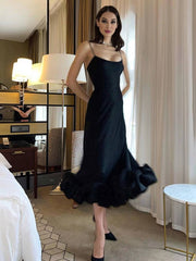 Inrosy mi-longue robe trapèze à volantée bustier à fines brides sans manches femme élégant doux de cocktail bal de promo
