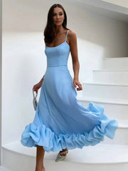 Inrosy mi-longue robe trapèze à volantée bustier à fines brides sans manches femme élégant doux de cocktail bal de promo