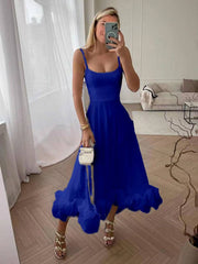 Inrosy mi-longue robe trapèze à volantée bustier à fines brides sans manches femme élégant doux de cocktail bal de promo