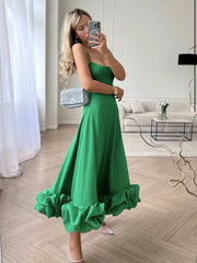 Inrosy mi-longue robe trapèze à volantée bustier à fines brides sans manches femme élégant doux de cocktail bal de promo