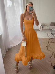 Inrosy mi-longue robe trapèze à volantée bustier à fines brides sans manches femme élégant doux de cocktail bal de promo