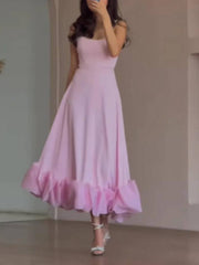 Inrosy mi-longue robe trapèze à volantée bustier à fines brides sans manches femme élégant doux de cocktail bal de promo