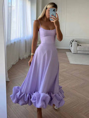 Inrosy mi-longue robe trapèze à volantée bustier à fines brides sans manches femme élégant doux de cocktail bal de promo