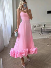Inrosy mi-longue robe trapèze à volantée bustier à fines brides sans manches femme élégant doux de cocktail bal de promo