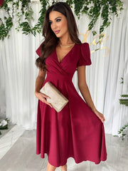 Inrosy robe demoiselle d'honneur v-cou fluide manches bouffantes manches courtes femme élégant doux invité mariage