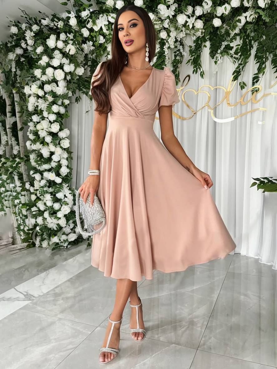 Inrosy robe demoiselle d'honneur v-cou fluide manches bouffantes manches courtes femme élégant doux invité mariage