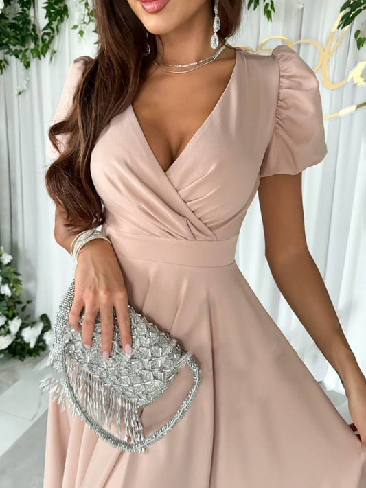Inrosy robe demoiselle d'honneur v-cou fluide manches bouffantes manches courtes femme élégant doux invité mariage