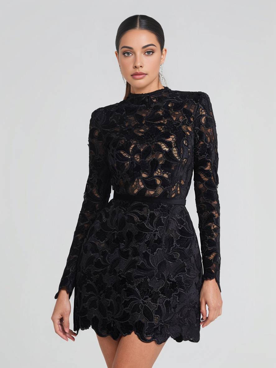 Inrosy robe courte trapèze en dentelle broderie anglaise col rond manches longues femme élégant de soirée de cocktail