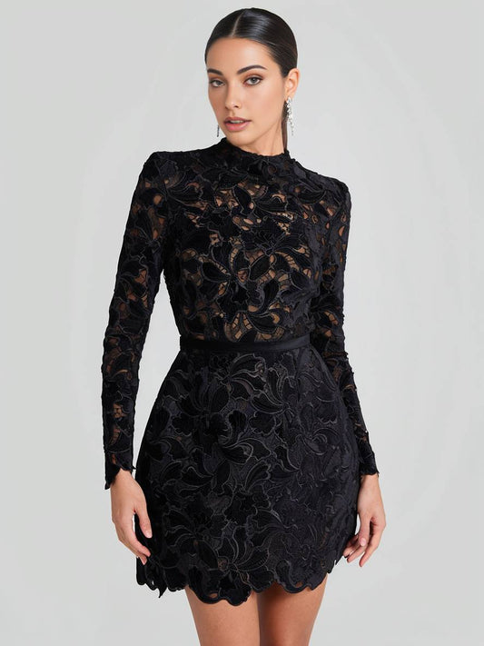 Inrosy robe courte trapèze en dentelle broderie anglaise col rond manches longues femme élégant de soirée de cocktail