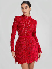 Inrosy robe courte trapèze en dentelle broderie anglaise col rond manches longues femme élégant de soirée de cocktail