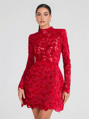 Inrosy robe courte trapèze en dentelle broderie anglaise col rond manches longues femme élégant de soirée de cocktail