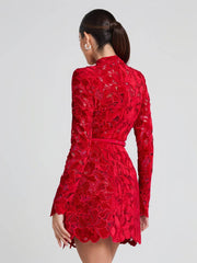 Inrosy robe courte trapèze en dentelle broderie anglaise col rond manches longues femme élégant de soirée de cocktail