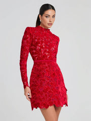 Inrosy robe courte trapèze en dentelle broderie anglaise col rond manches longues femme élégant de soirée de cocktail