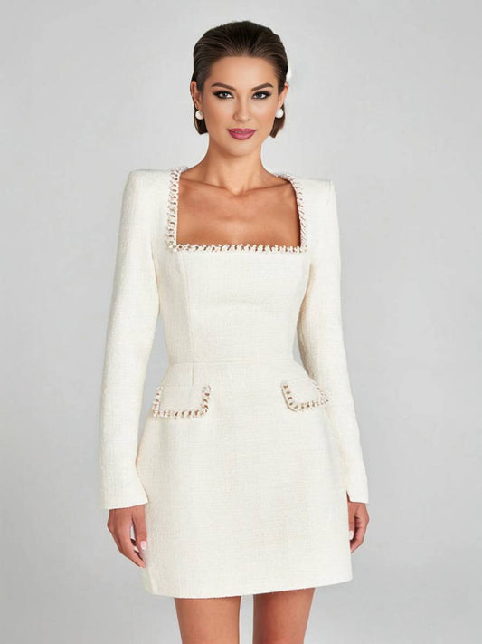 Inrosy robe courte tweed fendu poches manches longues femme vintage élégant de fete