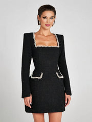 Inrosy robe courte tweed fendu poches manches longues femme vintage élégant de fete