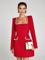 Inrosy robe courte tweed fendu poches manches longues femme vintage élégant de fete