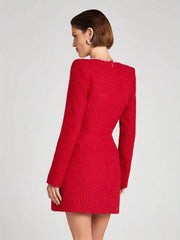 Inrosy robe courte tweed fendu poches manches longues femme vintage élégant de fete