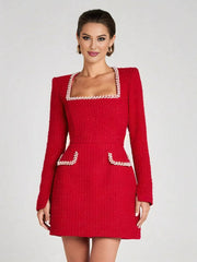 Inrosy robe courte tweed fendu poches manches longues femme vintage élégant de fete