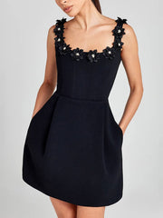 Inrosy robe patineuse trapèze fleurie appliques à fines brides col carré sans manches femme élégant bal de promo de cocktail