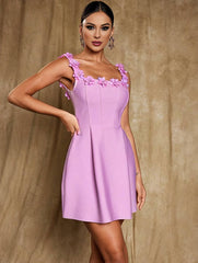 Inrosy robe patineuse trapèze fleurie appliques à fines brides col carré sans manches femme élégant bal de promo de cocktail