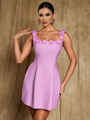 Inrosy robe patineuse trapèze fleurie appliques à fines brides col carré sans manches femme élégant bal de promo de cocktail