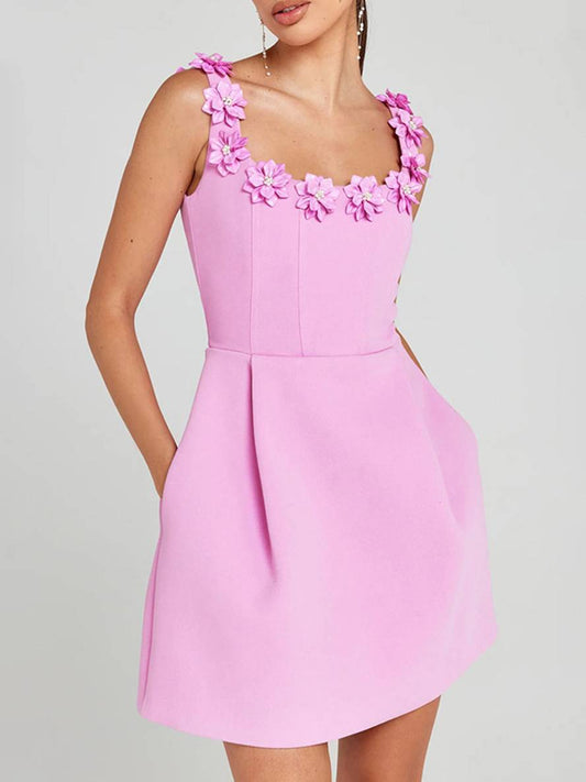 Inrosy robe patineuse trapèze fleurie appliques à fines brides col carré sans manches femme élégant bal de promo de cocktail