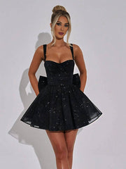 Inrosy robe courte trapèze tulle noeud papillon col carré sans manches femme élégant bal de promo de cocktail
