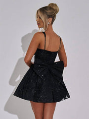 Inrosy robe courte trapèze tulle noeud papillon col carré sans manches femme élégant bal de promo de cocktail