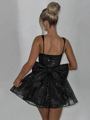 Inrosy robe courte trapèze tulle noeud papillon col carré sans manches femme élégant bal de promo de cocktail