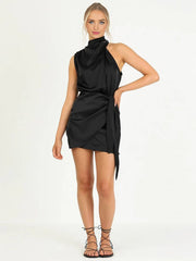 Inrosy robe courte irrégulière ceinture col roulé licou sans manches femme élégant cérémonie invité mariage de cocktail