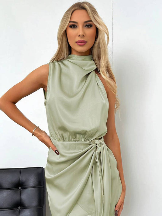 Inrosy robe courte irrégulière ceinture col roulé licou sans manches femme élégant cérémonie invité mariage de cocktail