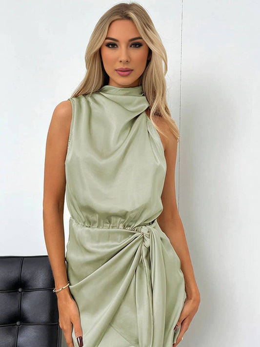 Inrosy robe courte irrégulière ceinture col roulé licou sans manches femme élégant cérémonie invité mariage de cocktail