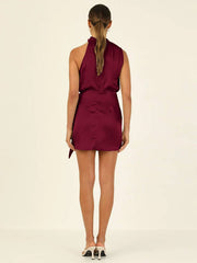 Inrosy robe courte irrégulière ceinture col roulé licou sans manches femme élégant cérémonie invité mariage de cocktail