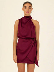 Inrosy robe courte irrégulière ceinture col roulé licou sans manches femme élégant cérémonie invité mariage de cocktail