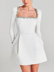 Inrosy robe courte trapèze en velours col carré manches longues poches femme doux élégant de cocktail anniversaire